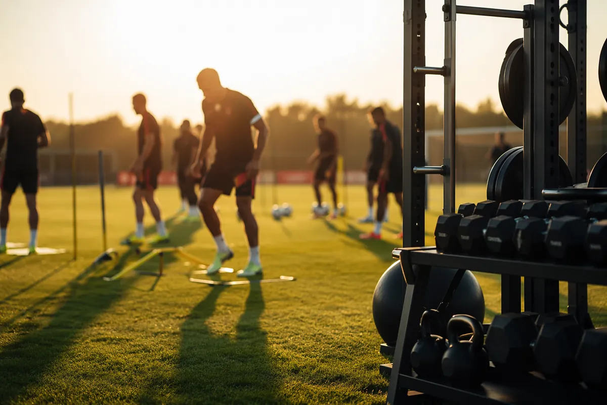 Professional football training ground with warm golden sunlight, blurred silhouettes of fo