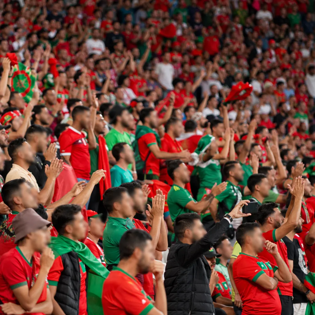 Wide shot of anonymous soccer fans wearing red and green clothing cheering in st