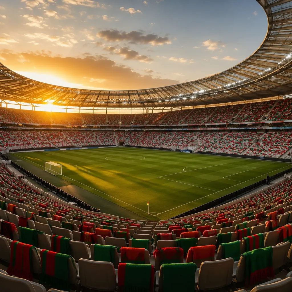 Wide shot of a modern world cup football stadium at golden hour, empty seats dec