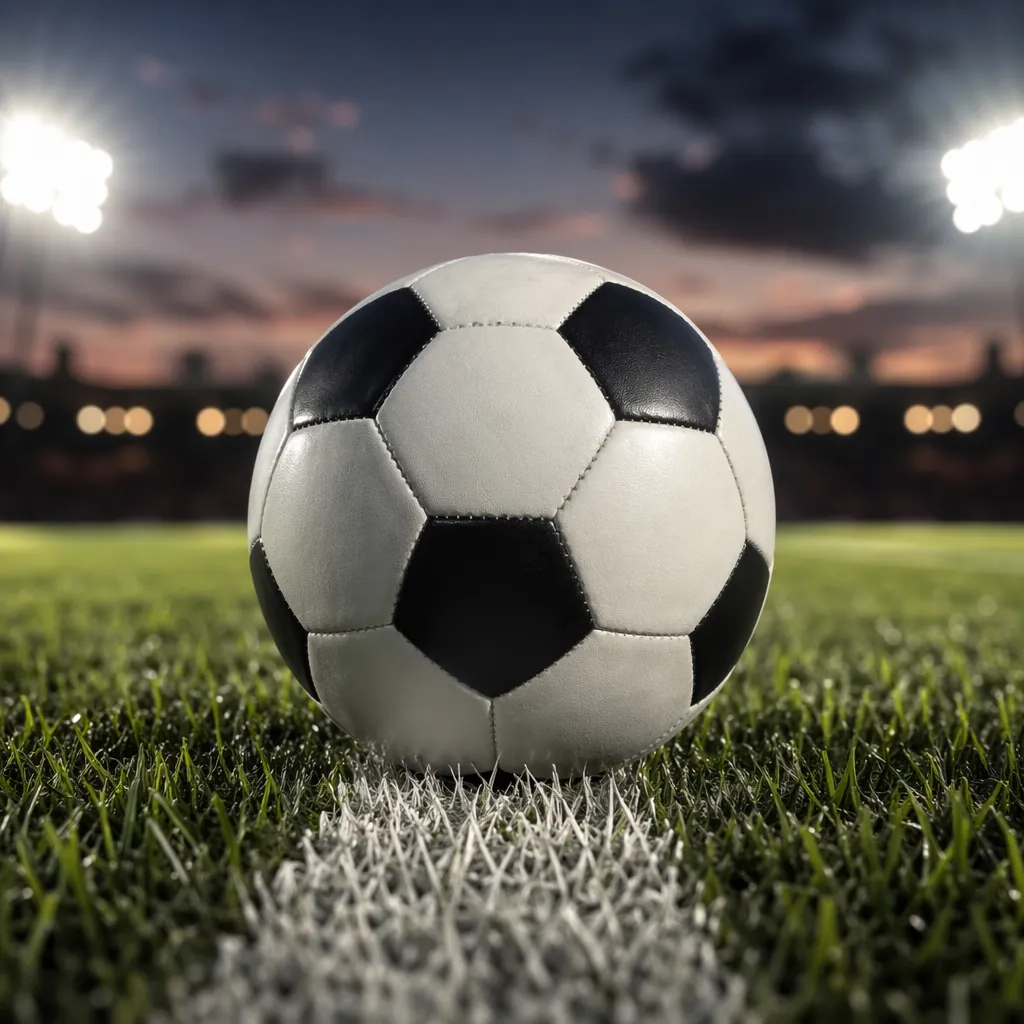 Close-up of a standard white and black football resting on the white centre line