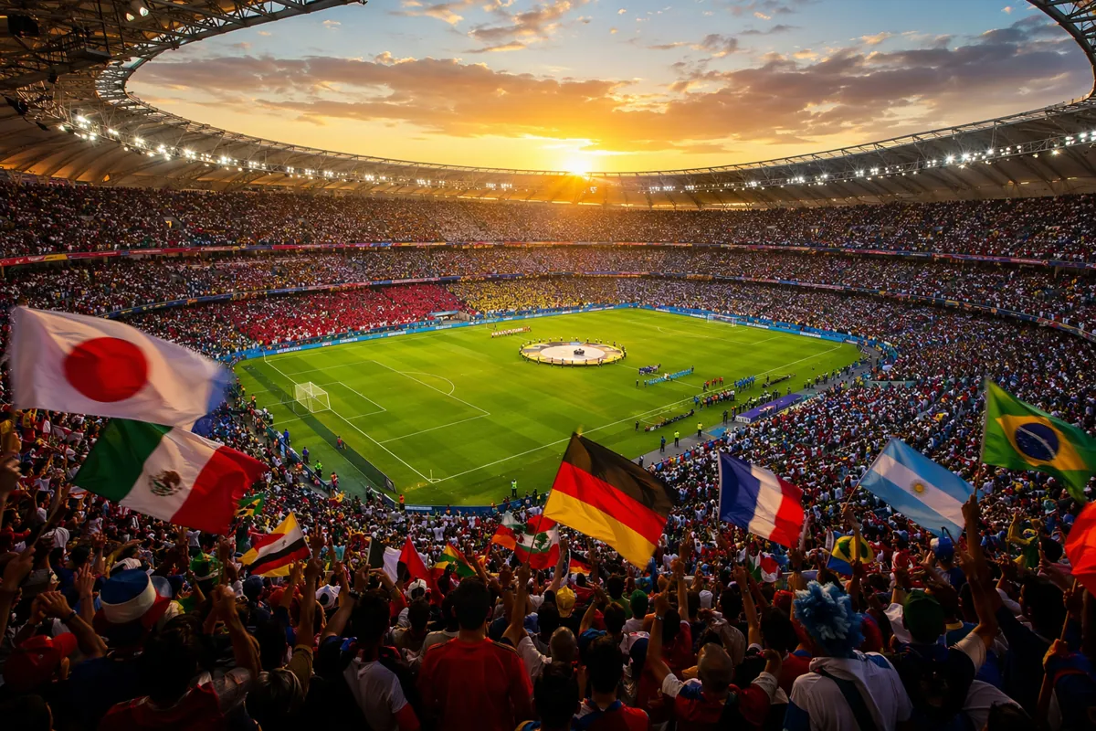 Wide shot of a packed World Cup football stadium at dusk, golden sunset light illuminating