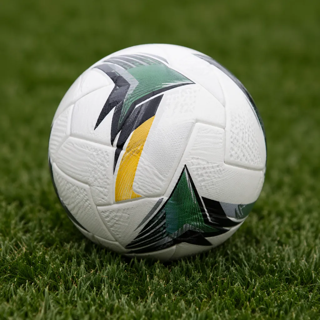 Close up of a professional football match ball resting on green training pitch g