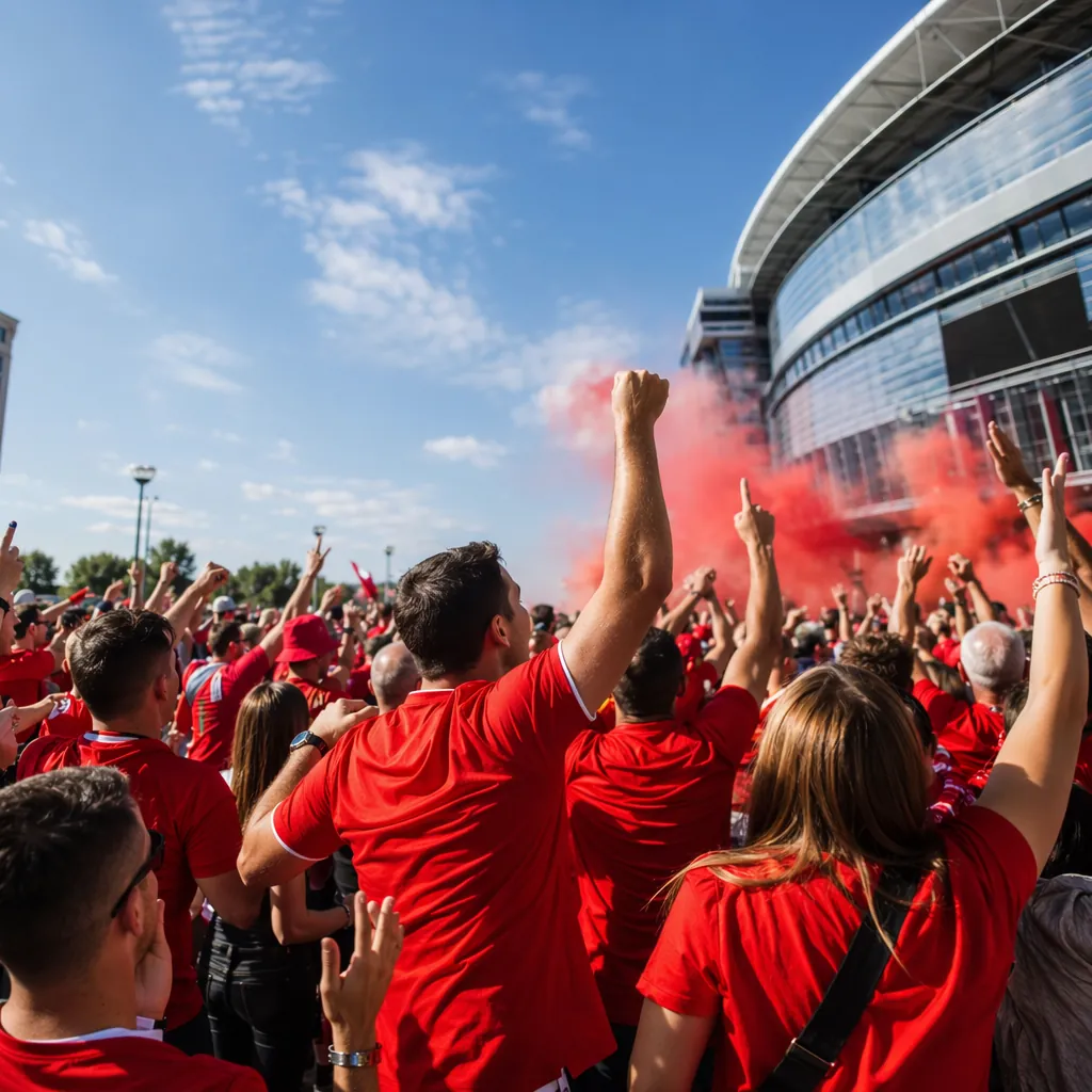 Crowd of football fans wearing red jerseys cheering outside a modern stadium, su