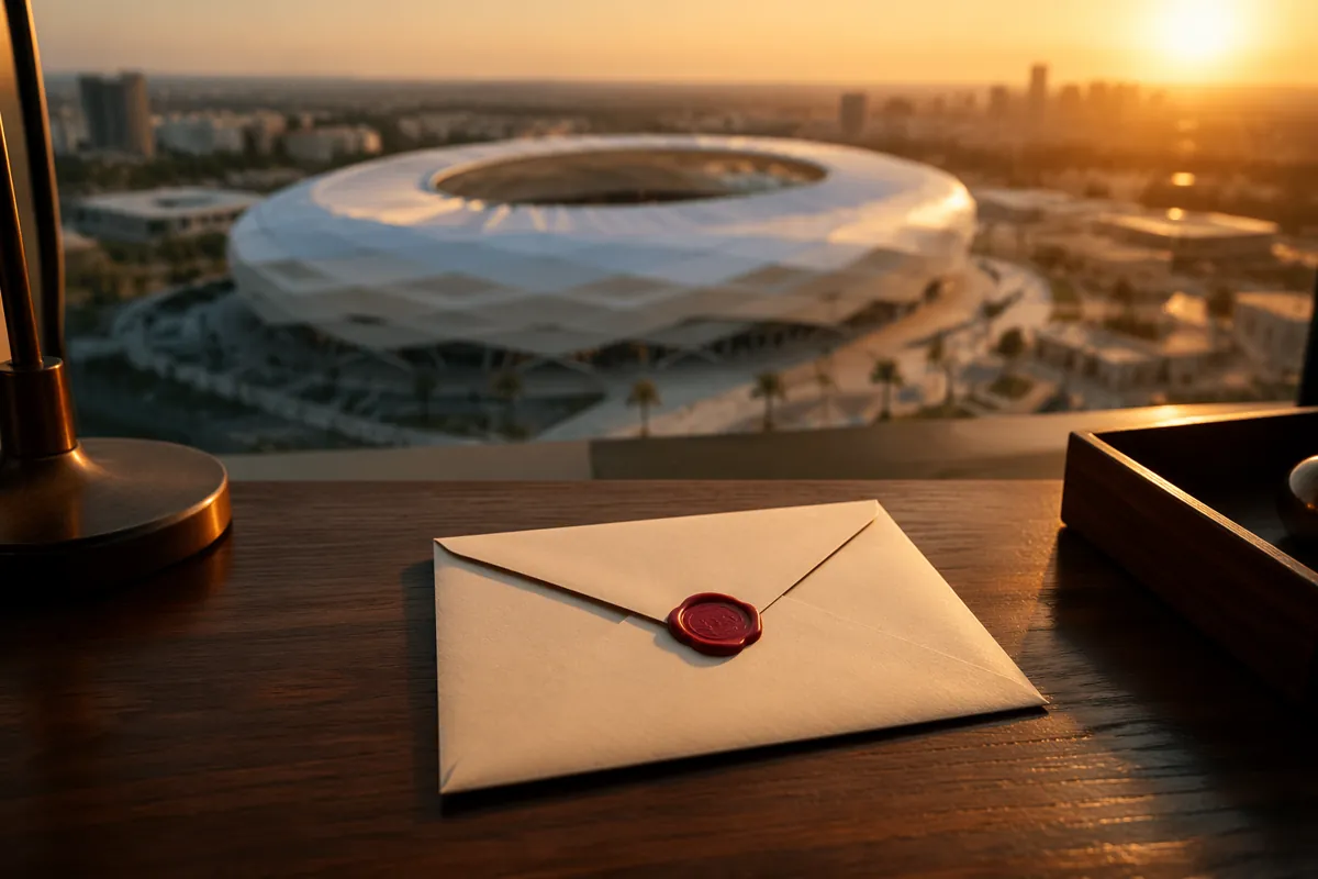 Official sealed letter envelope on a dark wooden desk with a blurred background of a moder