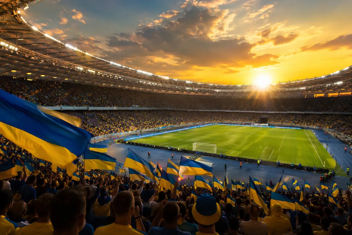 Wide shot of a vibrant open-air football stadium packed with cheering fans waving blue and