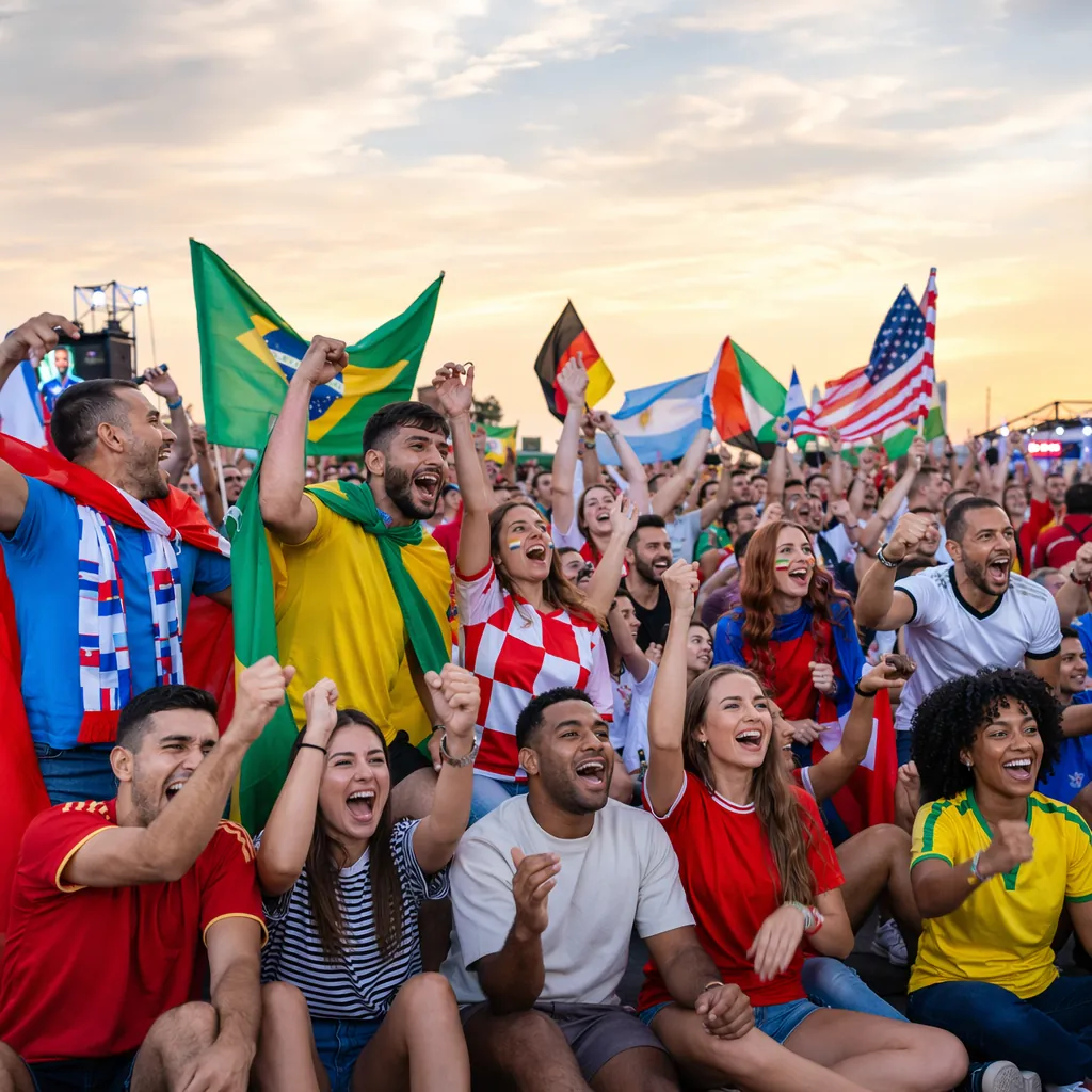 Wide shot of diverse football fans celebrating together in a public viewing area