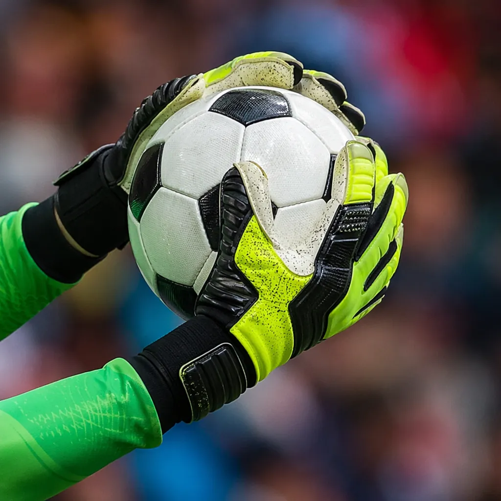 Close up action shot of a goalkeeper's gloves catching a soccer ball, blurred st