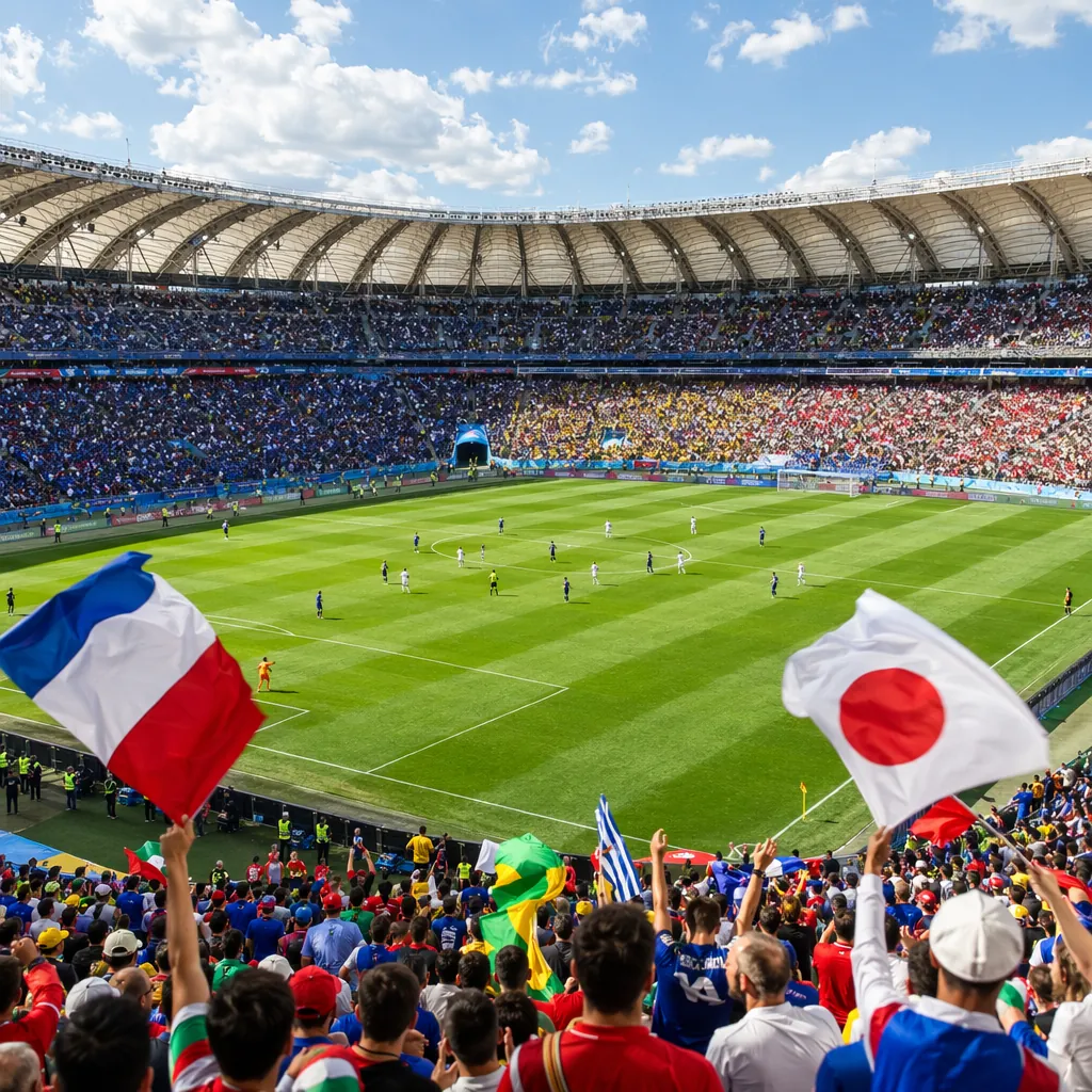 Wide shot of a World Cup group stage soccer match in progress, fans waving natio