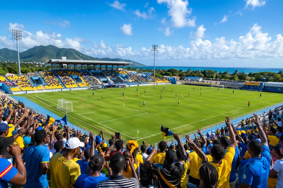 A wide shot of a vibrant Caribbean football stadium on a sunny day, with bright yellow and