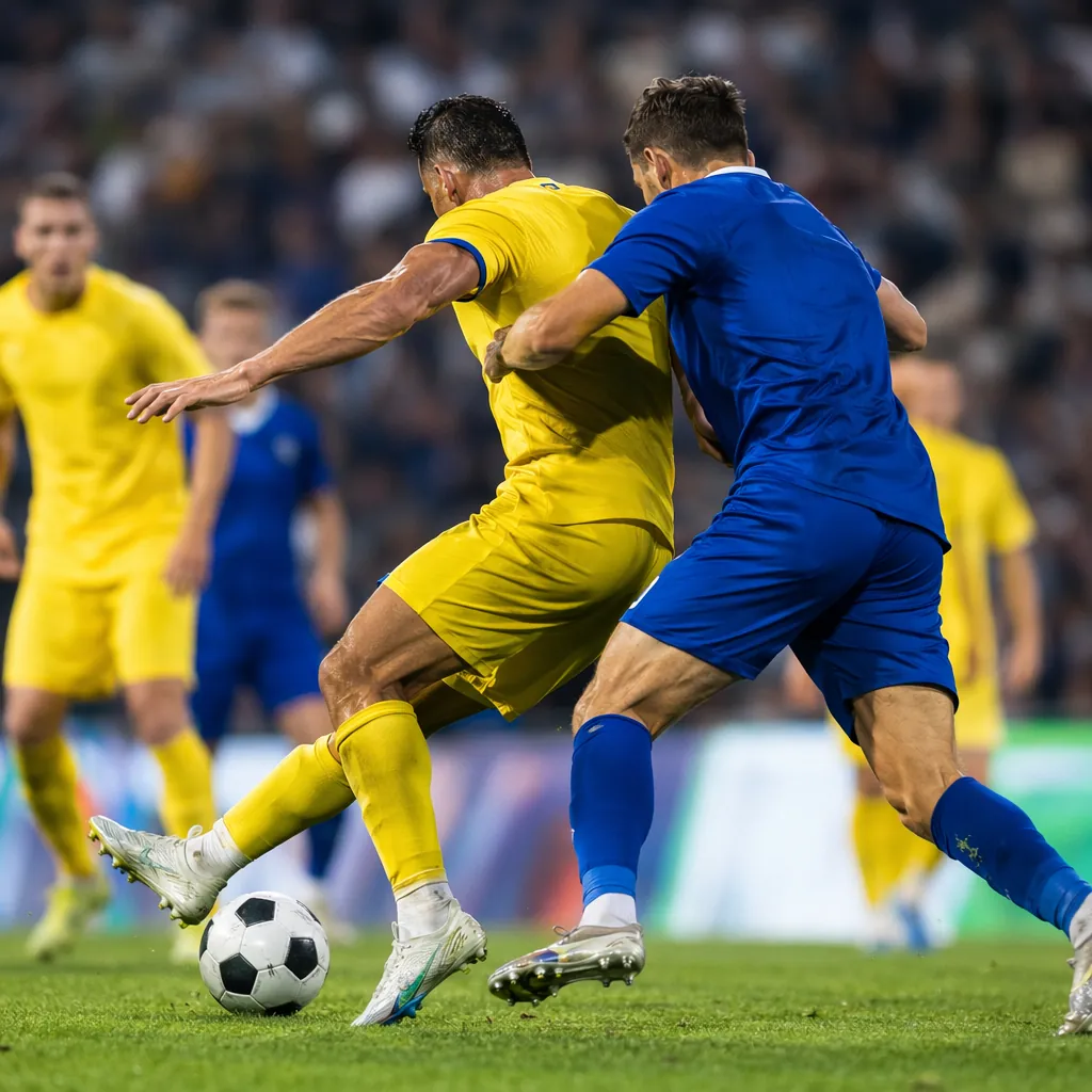 Action shot of a men's football match with players wearing yellow and blue kits