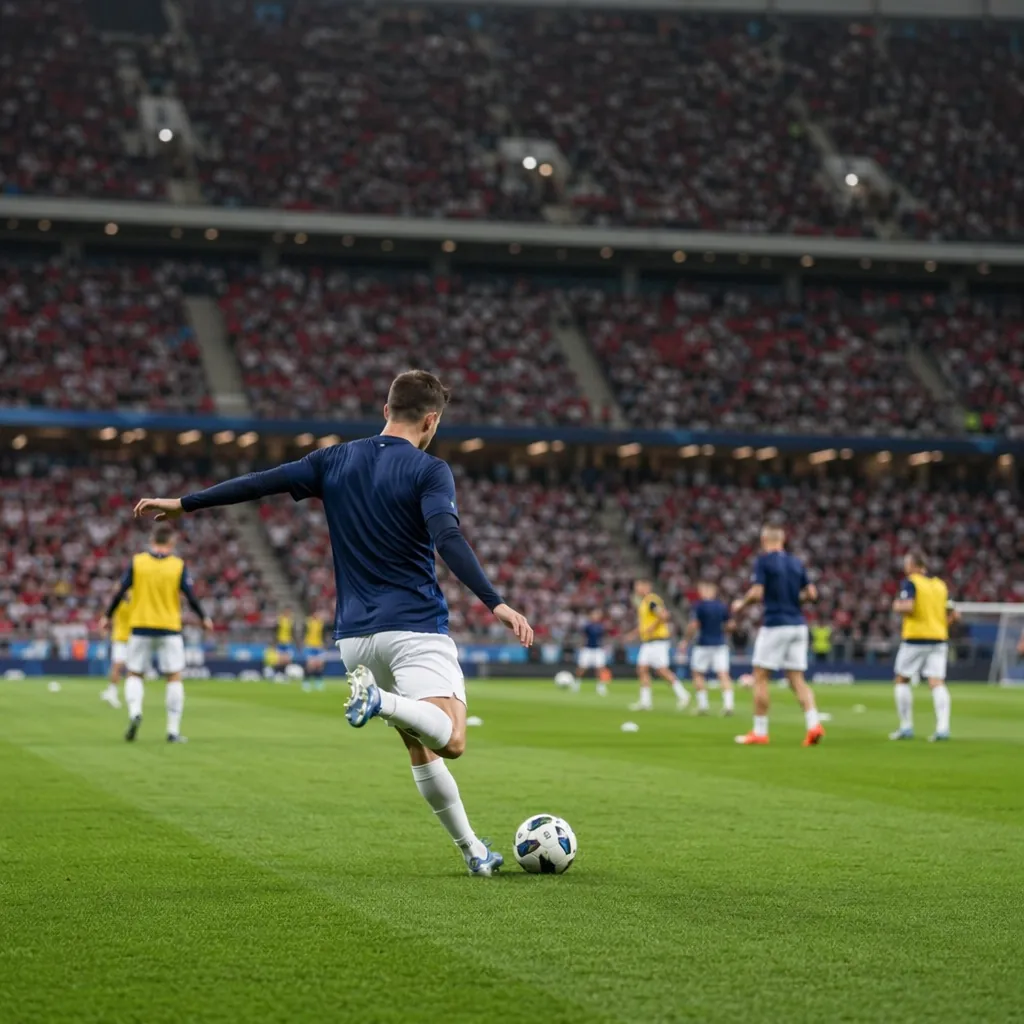 Wide shot of a football stadium during a warm-up match, blurred crowd in the sta