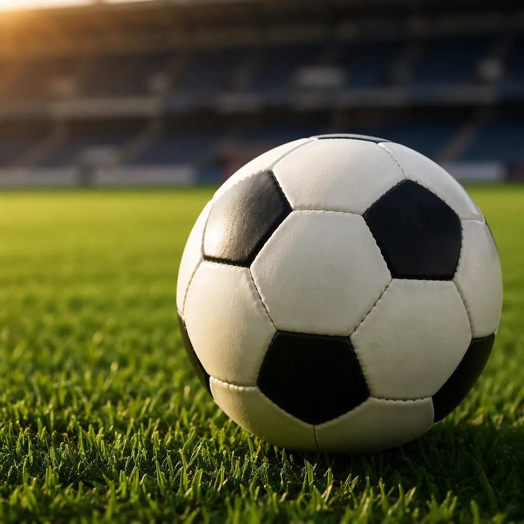 Close up shot of a standard soccer ball resting on well-maintained green grass p