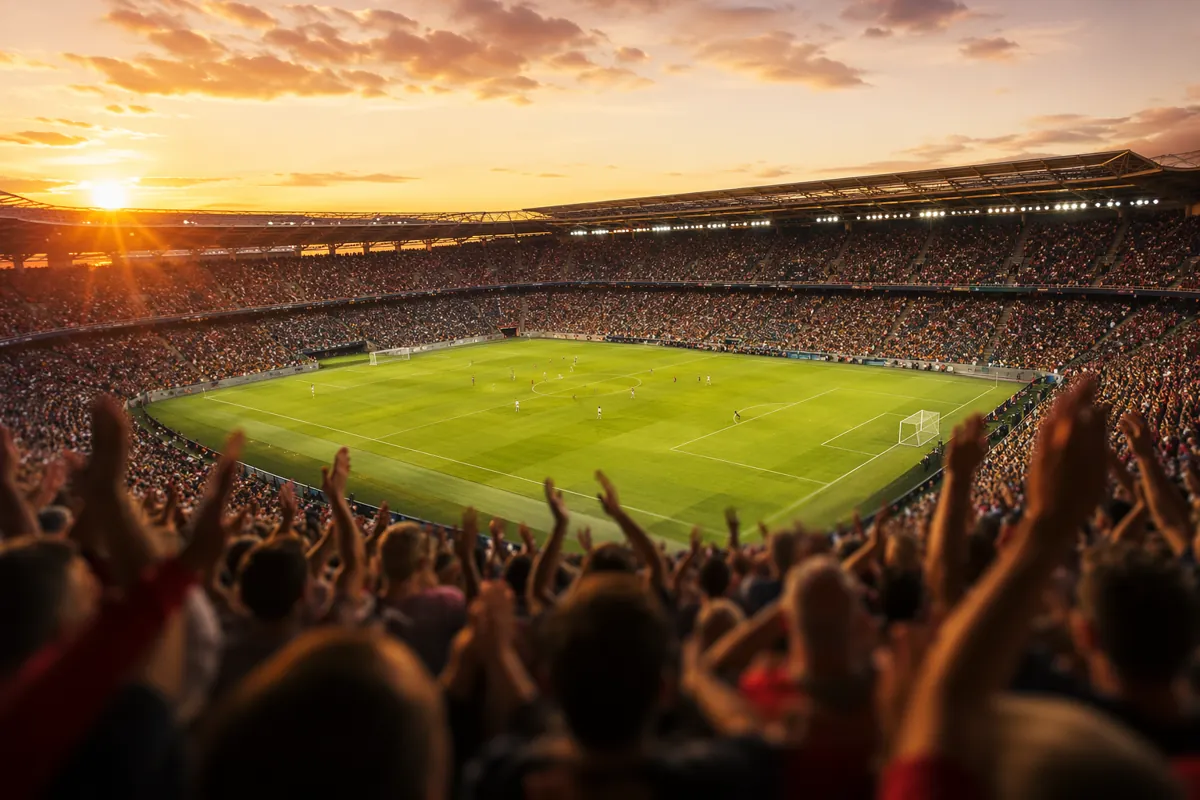 Wide shot of a packed football stadium during golden hour sunset, soft warm light illumina