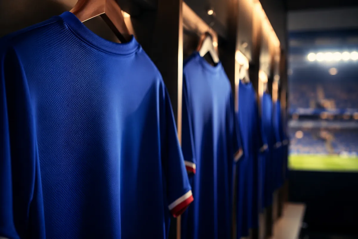Professional soccer editorial header image, blurred view of blue national team jersey hang