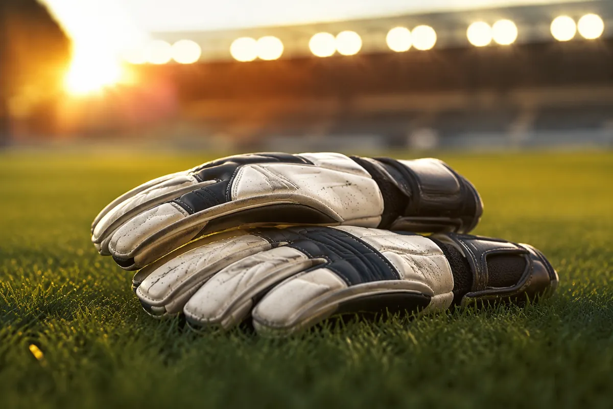 A close-up shot of professional goalkeeper gloves resting on a well-maintained green footb
