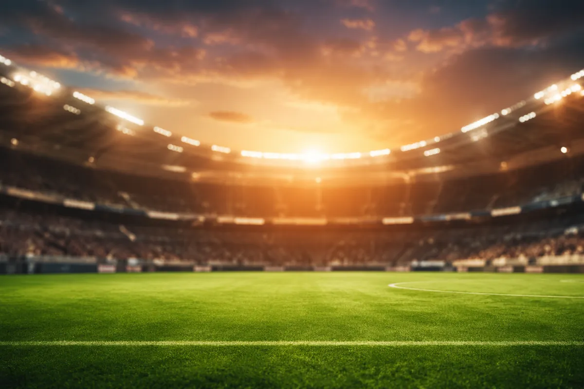 Professional sports news header image, blurred wide view of a modern football stadium at d