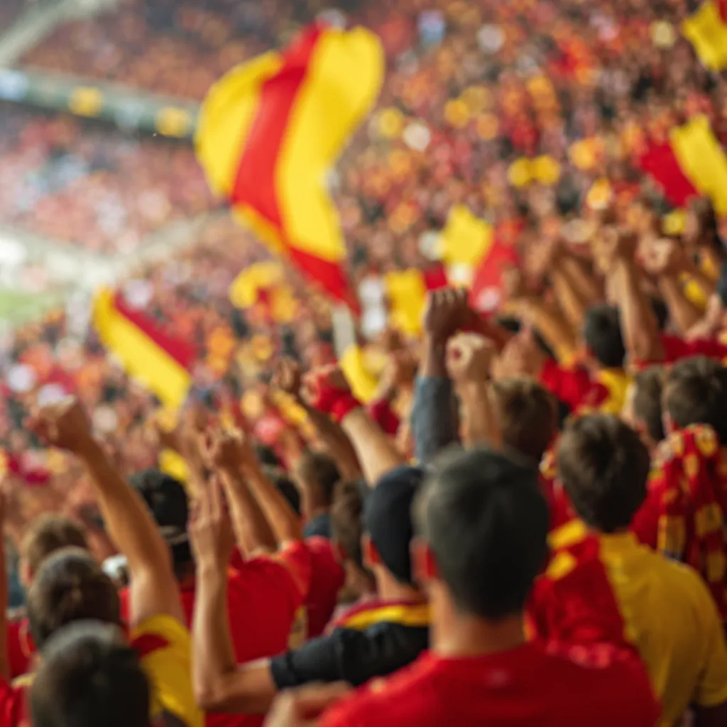 Blurred background of football fans cheering in stadium stands, vibrant red and