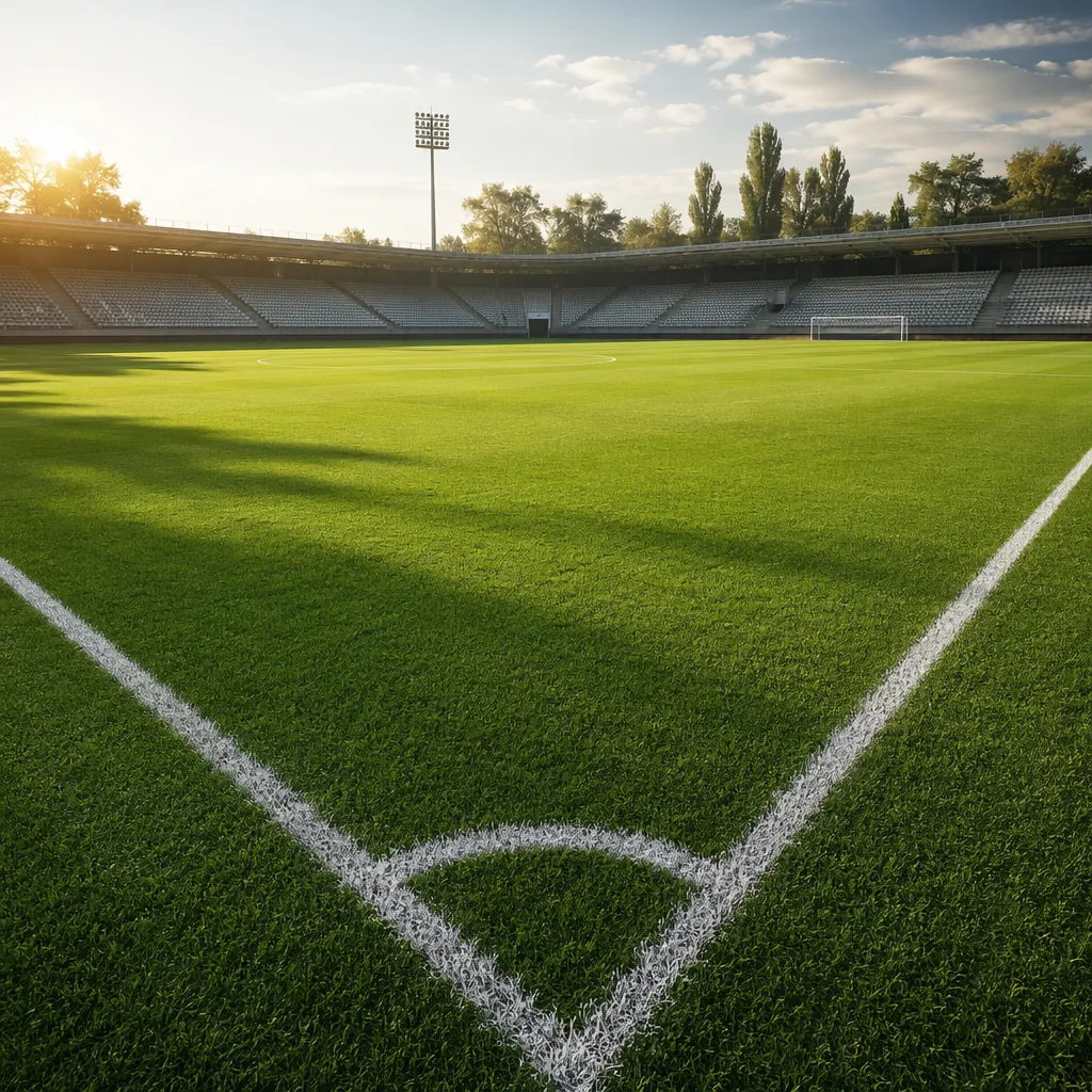Wide shot of a pristine green football pitch with white boundary lines, soft sun