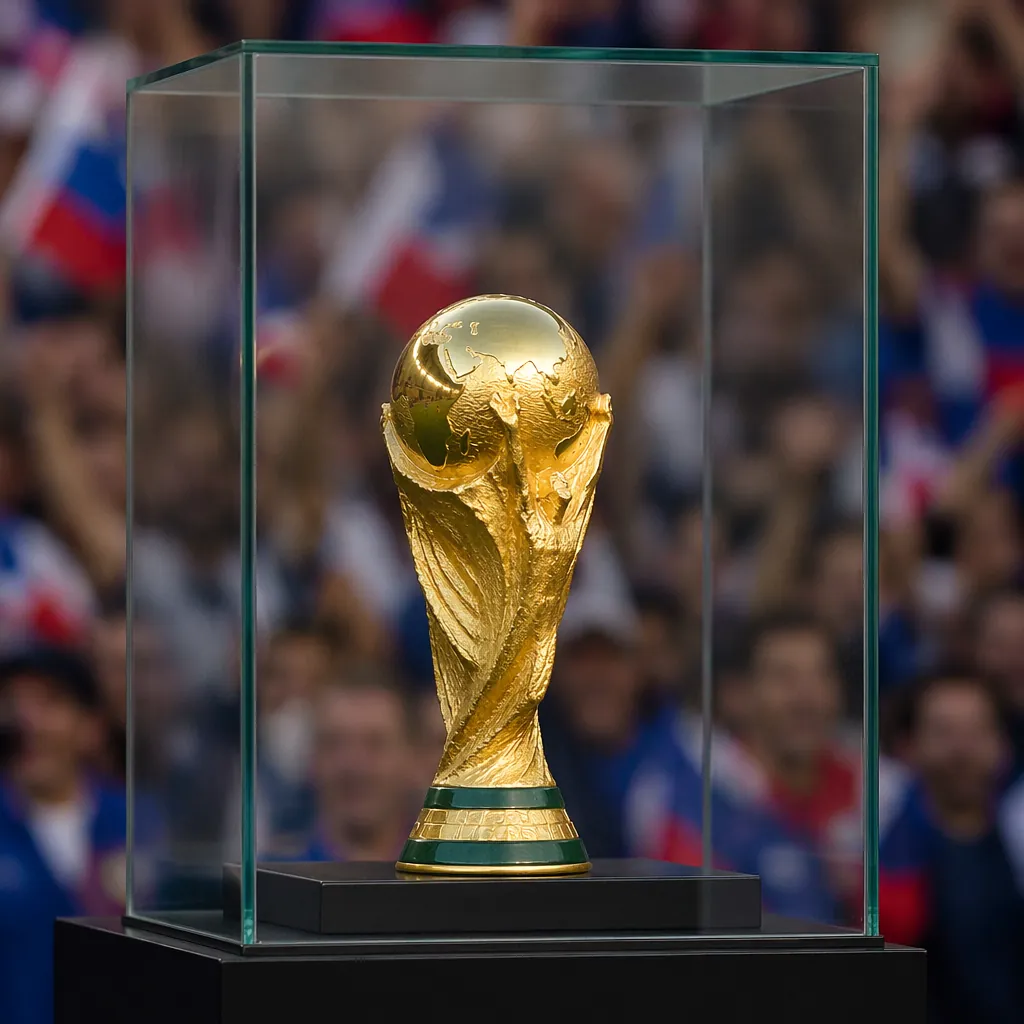 Official World Cup trophy replica inside a transparent glass display case, blurr