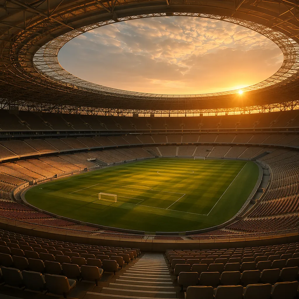 Empty world cup football stadium interior with warm sunset light filtering throu