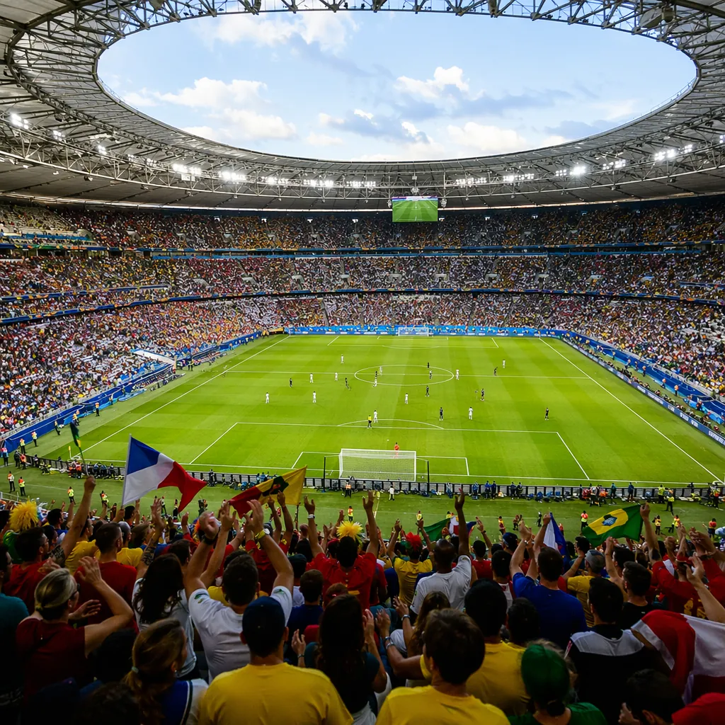 Wide shot of a modern World Cup style soccer stadium filled with fans, vibrant m