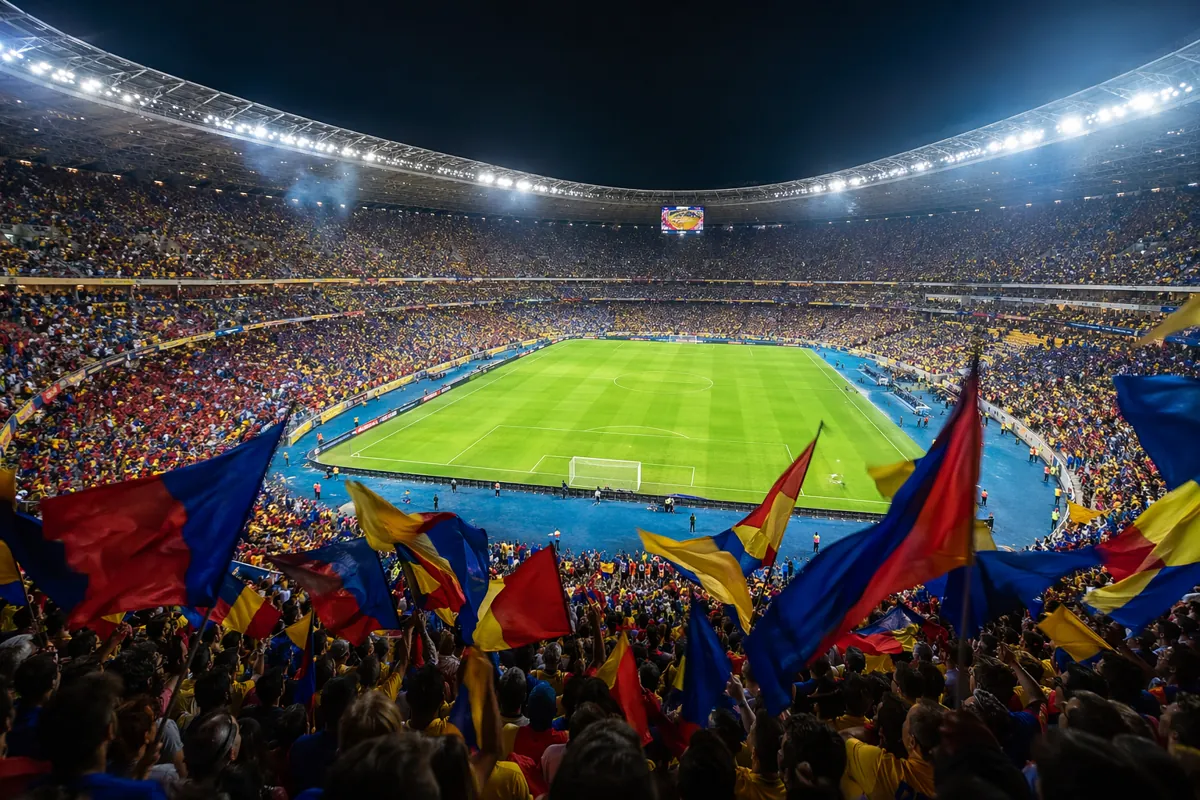 Wide shot of a football stadium during a World Cup match, thousands of fans waving blue, r