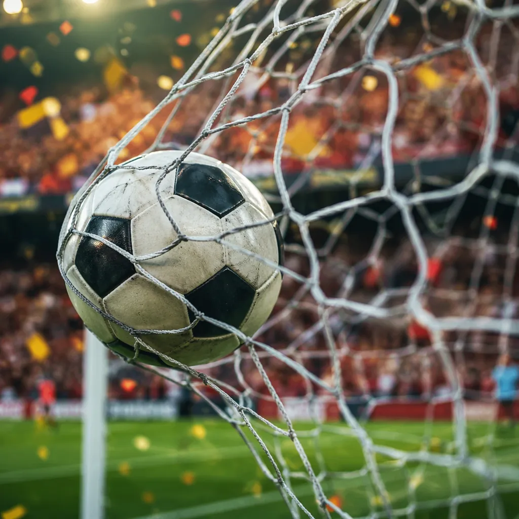 Close up action shot of a football being kicked into the back of the net, blurre
