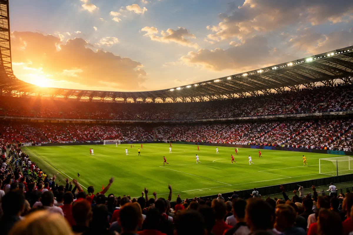Wide shot of a professional football stadium during a match, blurred players in action on