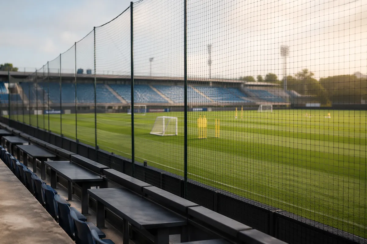 Wide shot of a professional football training pitch with tall safety netting along the sid