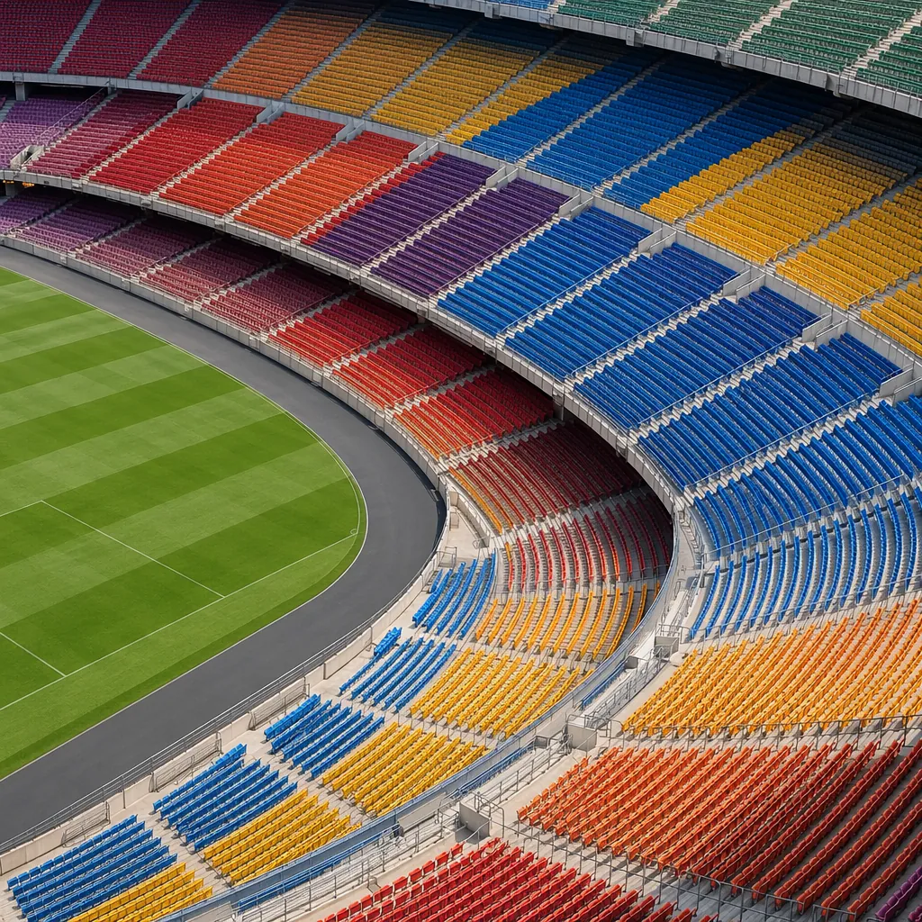 High angle shot of a large world cup stadium seating area with empty colorful se