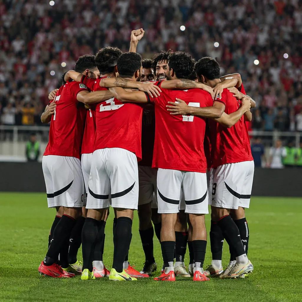 Wide shot of Egyptian national football team players huddling on the pitch after
