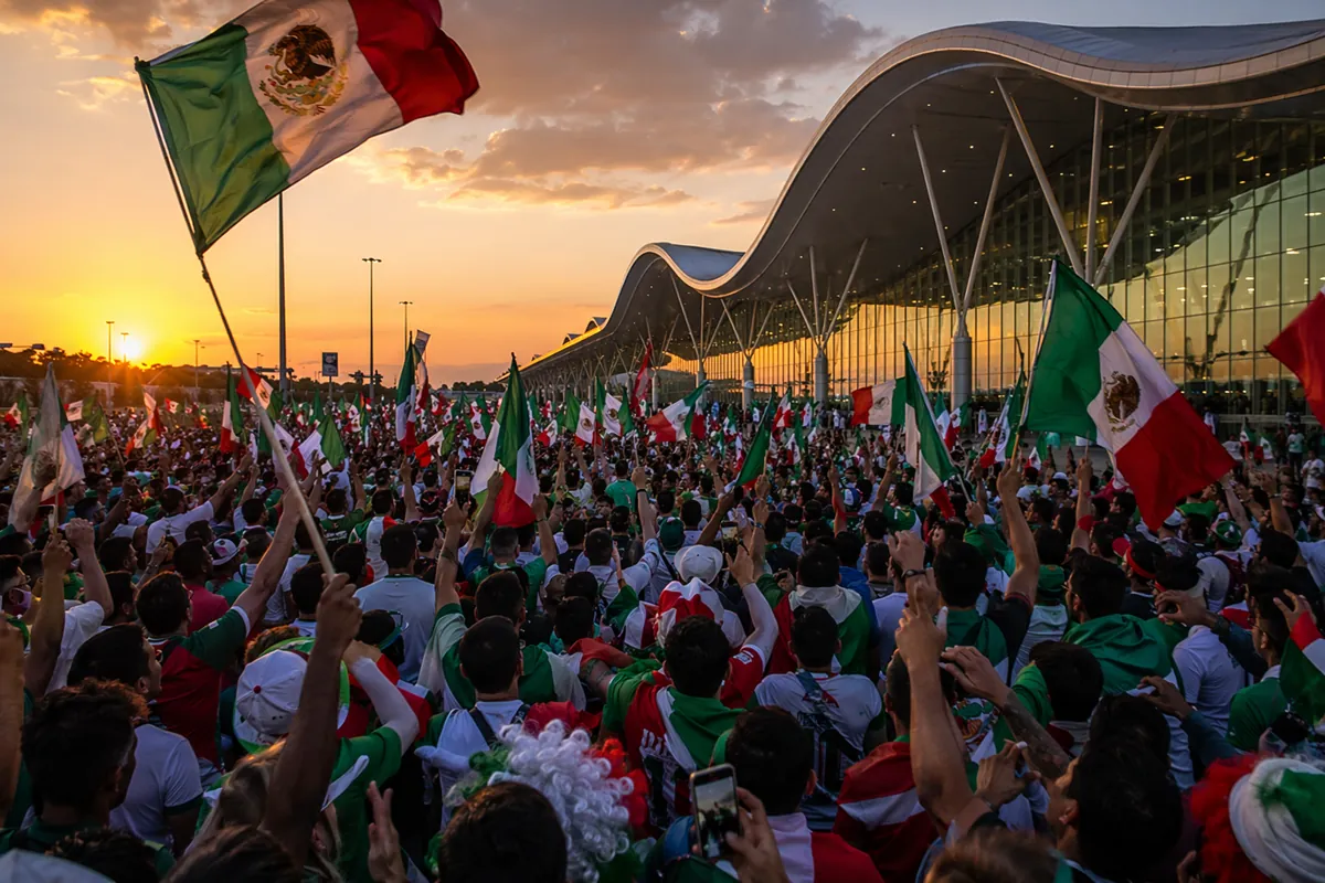 Wide shot of thousands of football fans waving national flags and cheering outside a moder