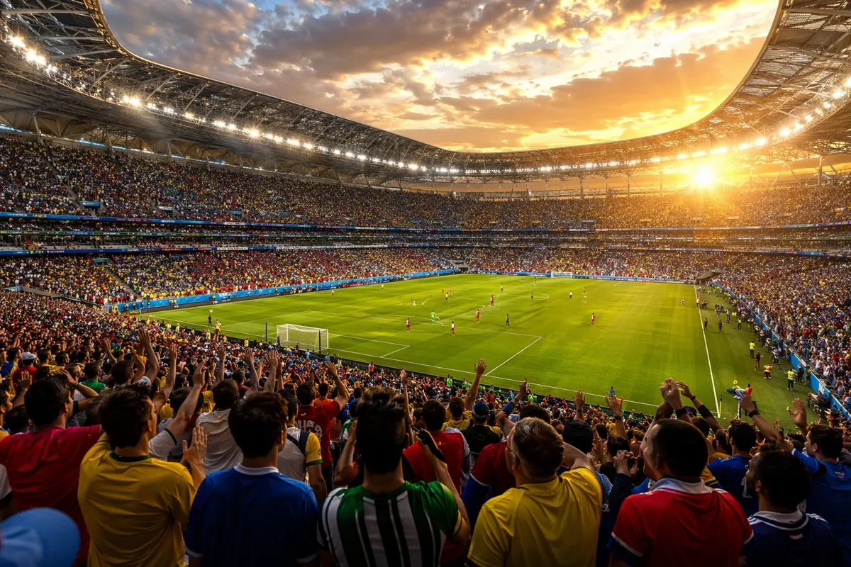 Wide shot of a modern FIFA World Cup semi-final stadium at golden hour, packed with cheeri