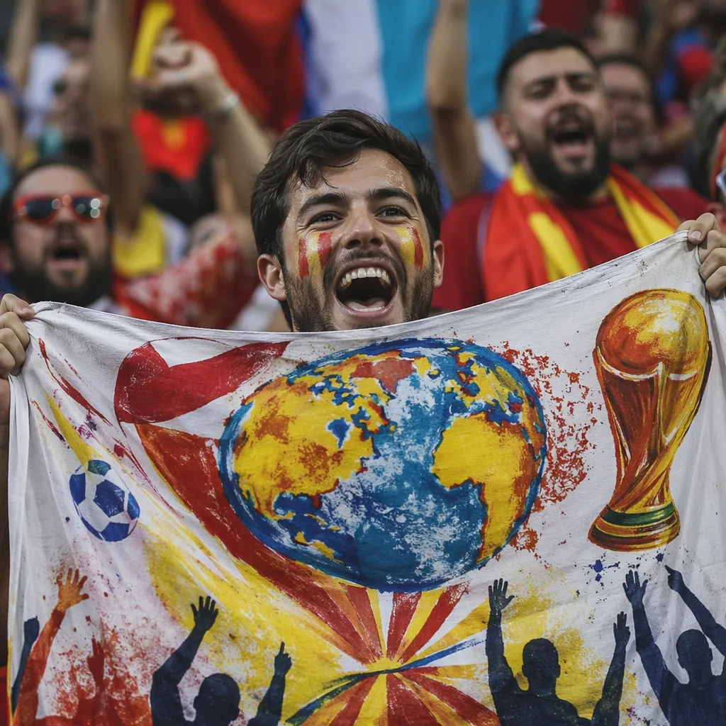 Close up of a football fan holding a custom World Cup themed banner, surrounded