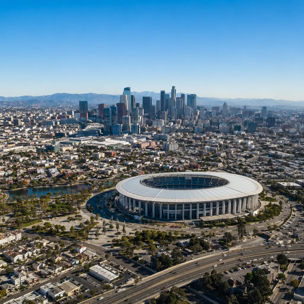 Aerial view of the city skyline of Los Angeles near the World Cup stadium, with