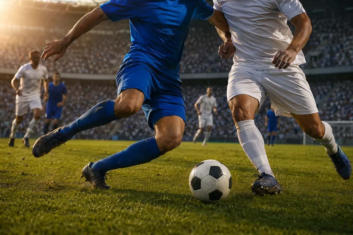 Dynamic football match action shot showing two generic teams in blue and white jerseys com