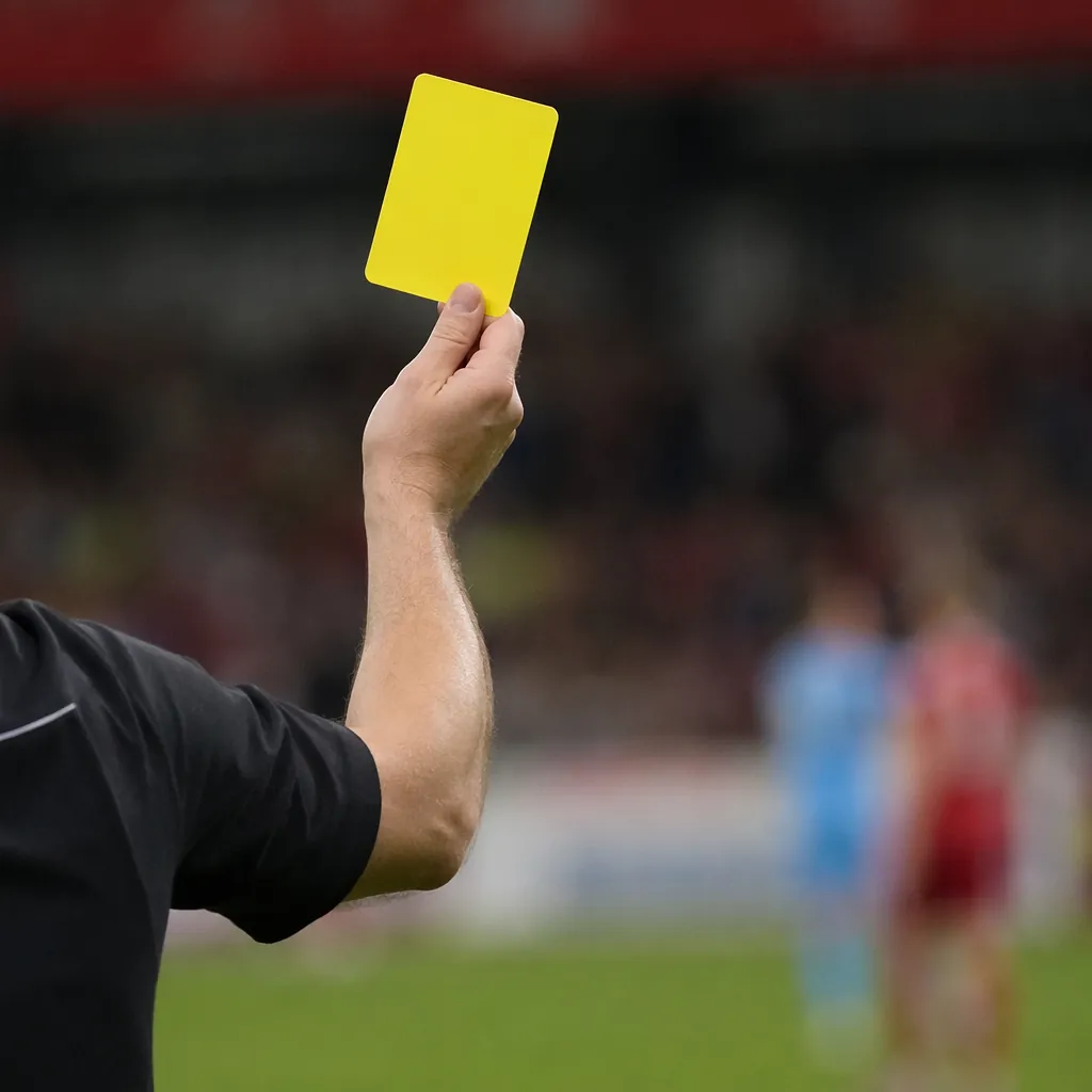 Close up shot of a referee holding a yellow card during a football match, blurre