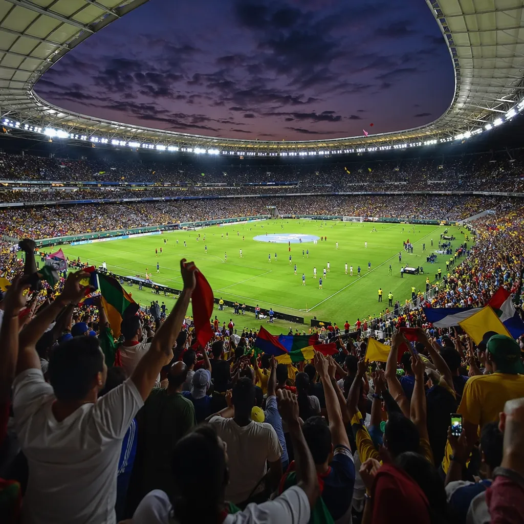 Wide shot of a packed football stadium with cheering fans during a pre-world cup