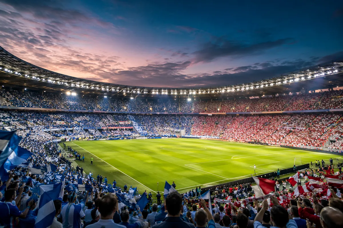 Professional sports news header image, wide shot of a packed modern football stadium at du