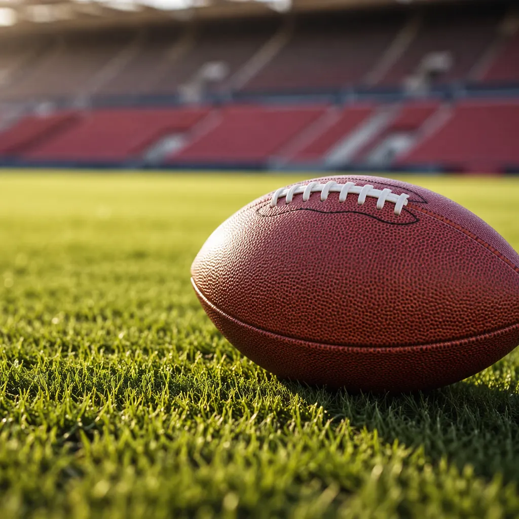 Close-up shot of a standard football on well-groomed green grass pitch, blurred