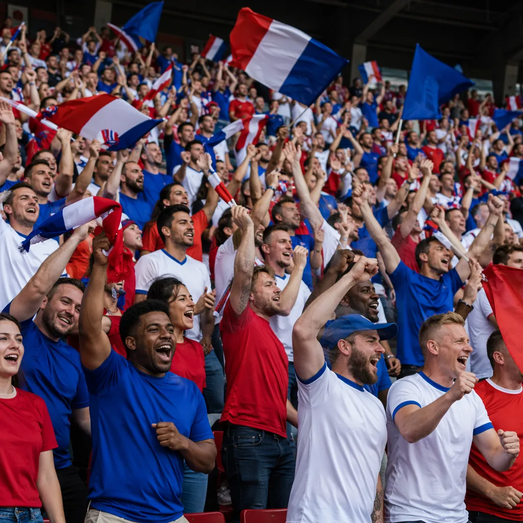 Wide shot of generic football fans cheering in stadium stands, wearing plain red