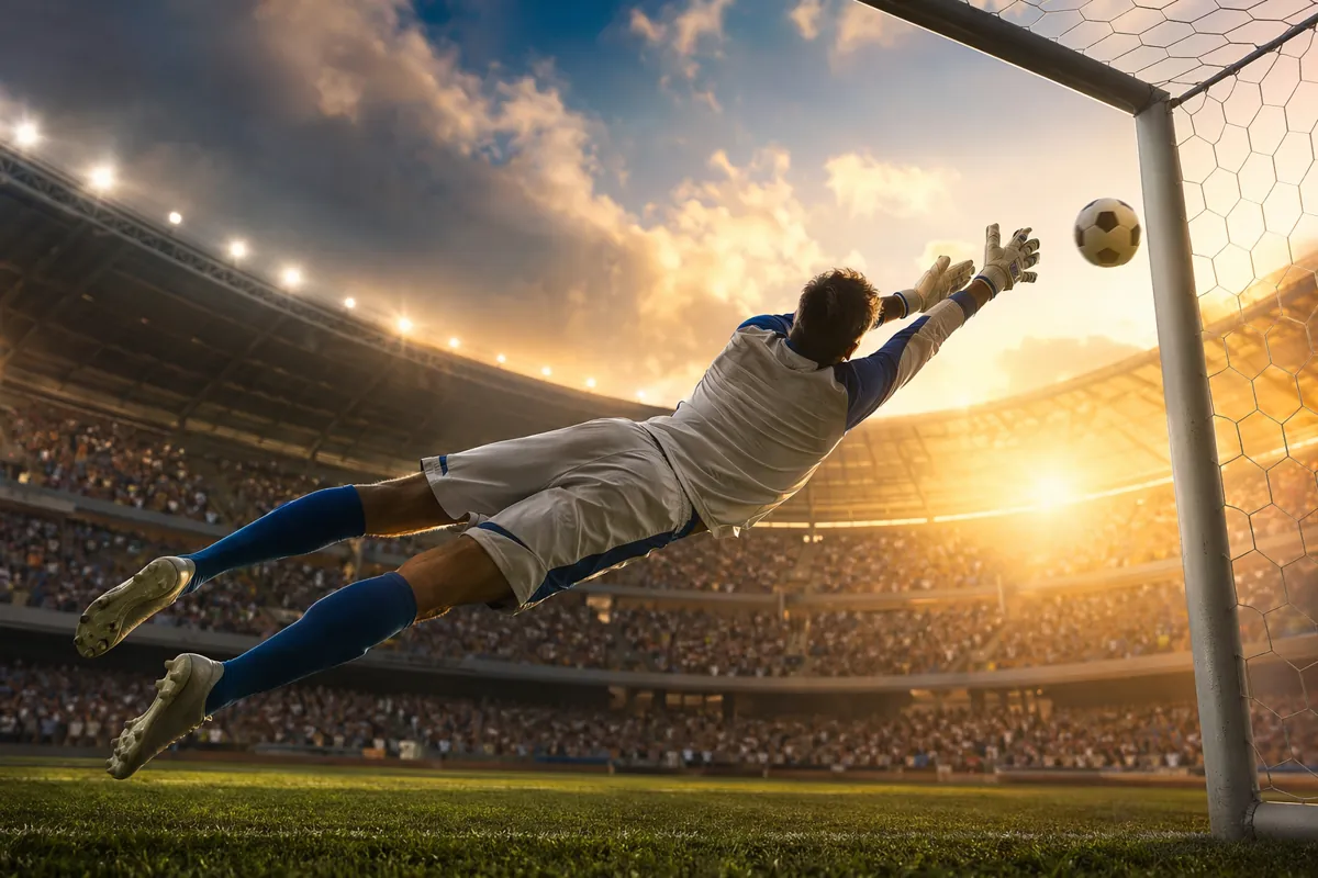 A dramatic low-angle shot of a soccer goalkeeper in a generic white and blue jersey making