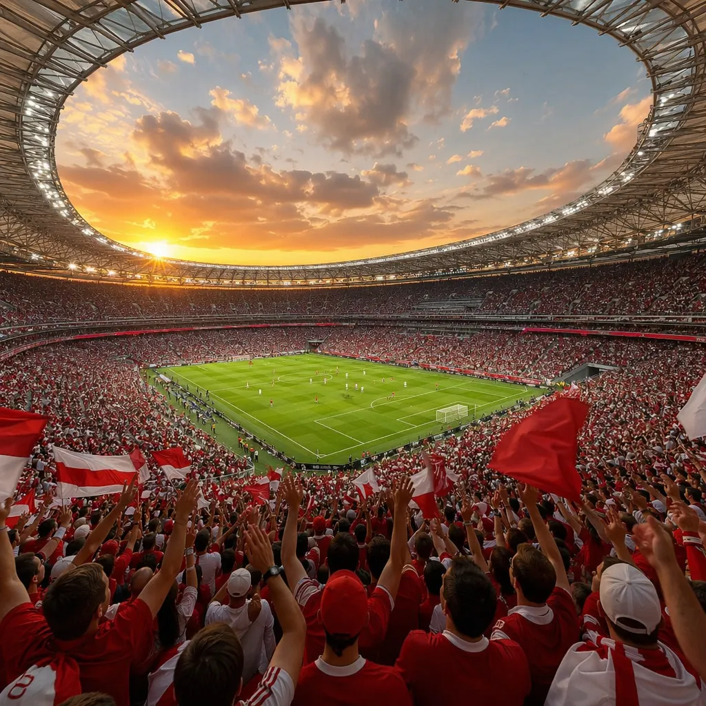 Wide shot of a modern FIFA World Cup stadium filled with cheering fans wearing g