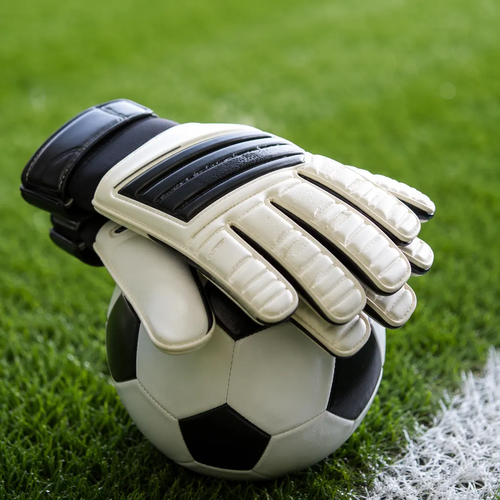 Close-up shot of a pair of professional goalkeeper gloves resting on a soccer ba