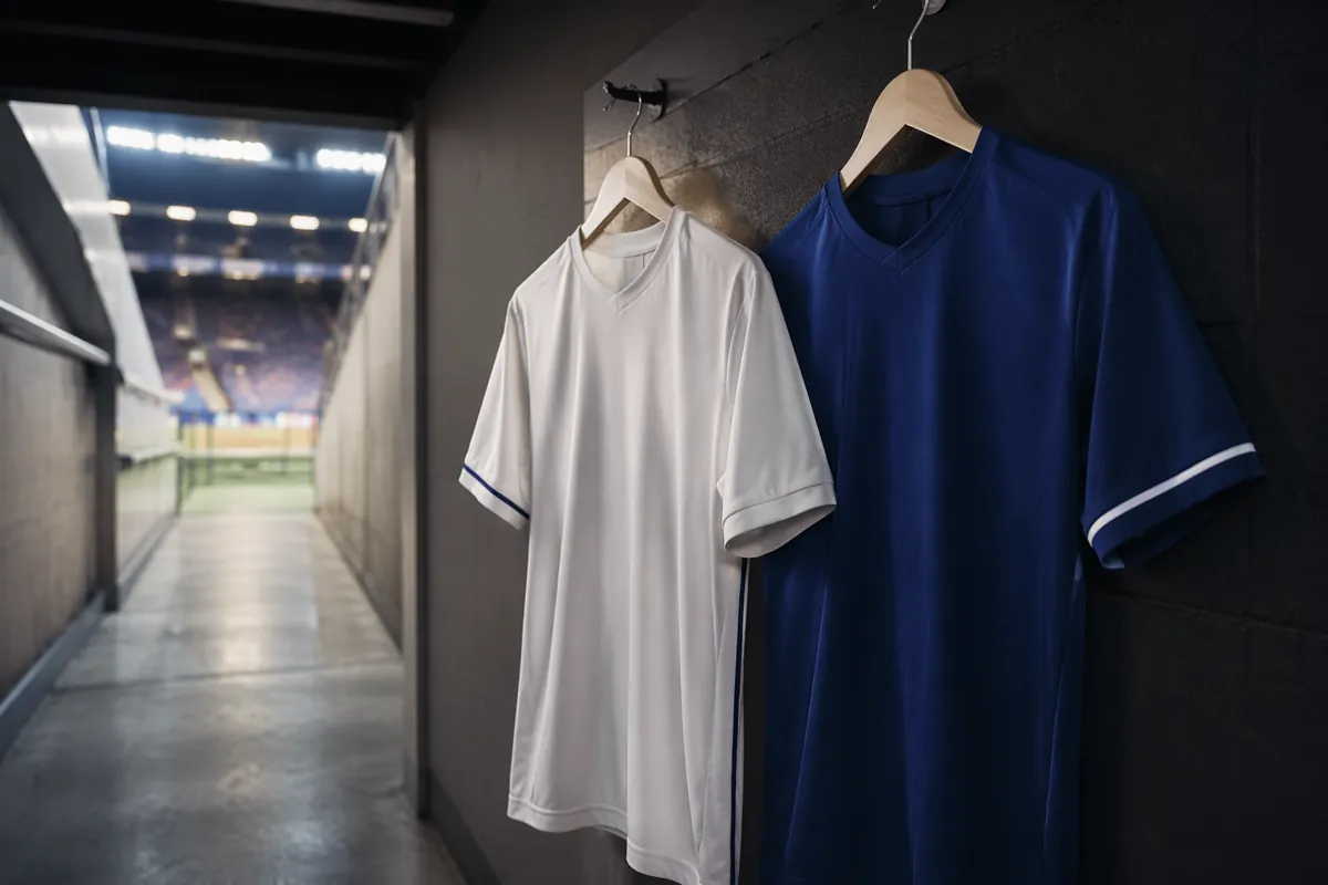 Photojournalistic shot of two plain football jerseys, one white and one dark blue, hanging