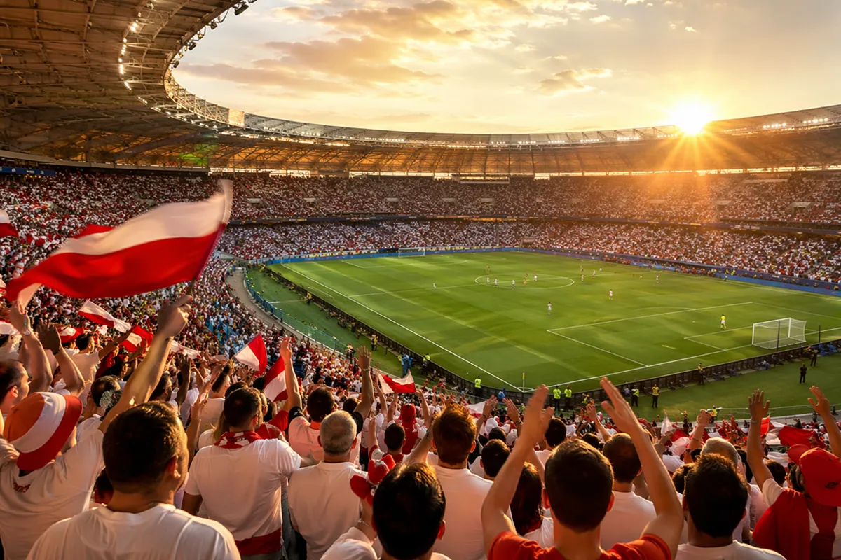 Wide shot of a vibrant outdoor football stadium during golden hour, thousands of fans wear