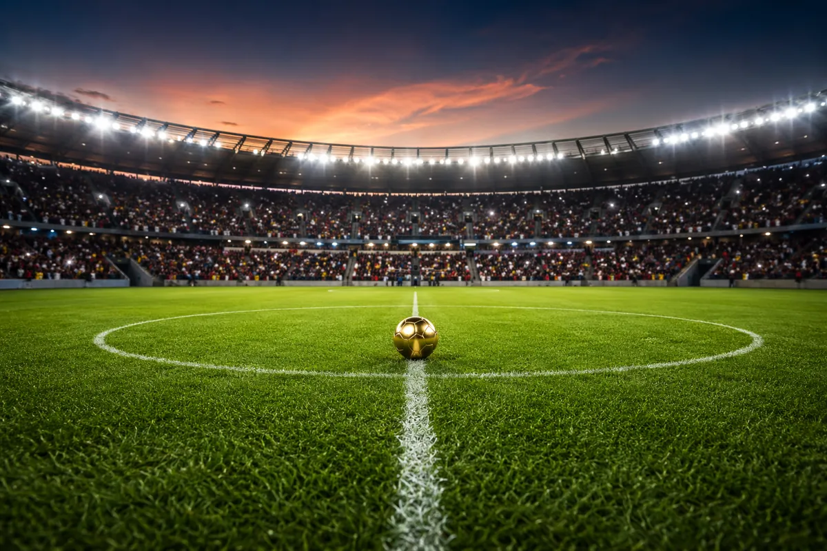 Wide shot of a generic professional soccer stadium at dusk, bright stadium lights illumina
