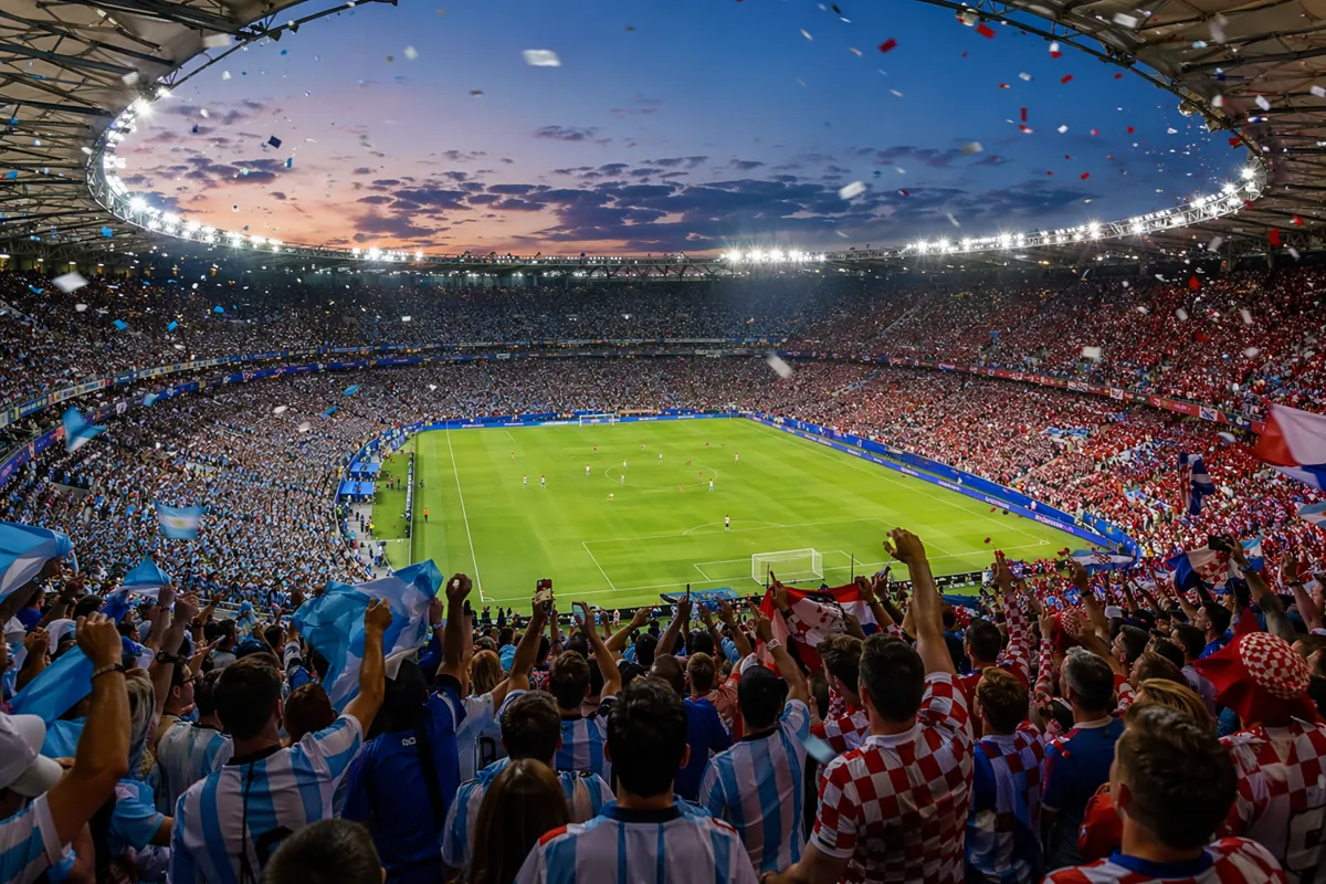 Wide shot of a vibrant World Cup stadium at dusk, packed with cheering fans wearing blue-w