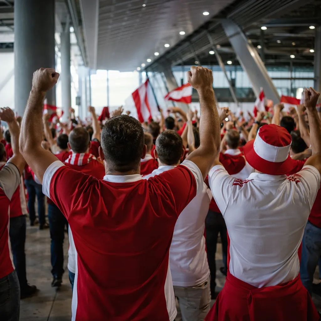 Wide shot of anonymous football fans wearing generic red and white jerseys cheer