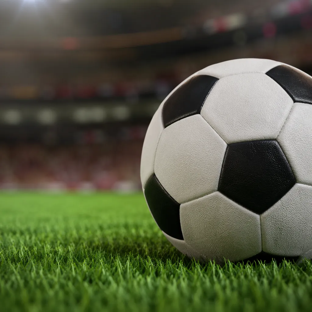 Close up shot of a generic football on a green grass pitch with blurred stadium